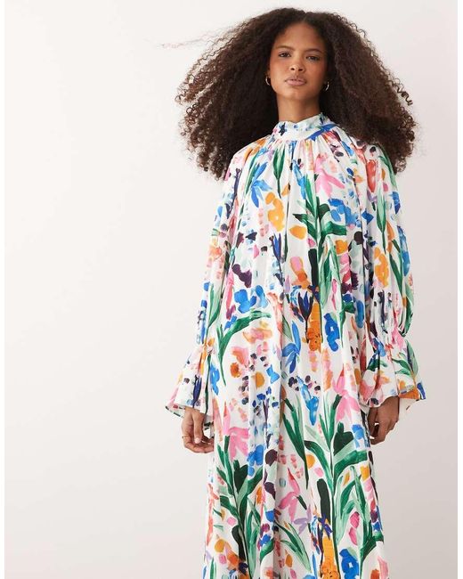 Iyal Blue High Neck Cuff Sleeve Detail Floaty Maxi Dress