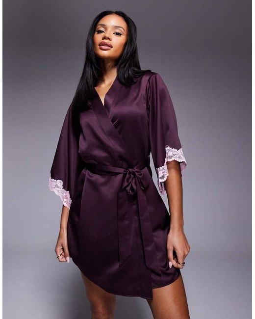 Boux Avenue Purple Amelia Satin Robe With Lace Detail