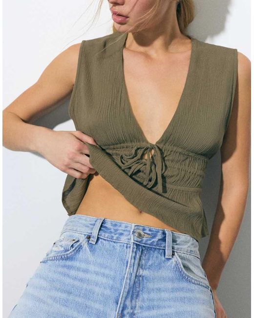 Pull&Bear Green Crepe Top With Ties
