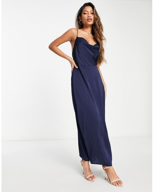 Vila Blue Satin Cowl Neck Maxi Dress