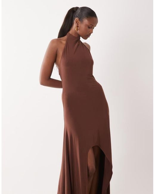 ASOS Brown Slinky Hanky Hem Dress With High Neck Cowl Detail