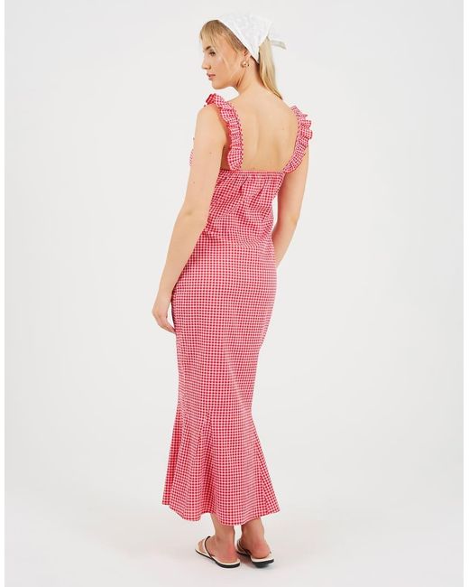 Brave Soul Pink Gingham Sleeveless Ruffle Neck Maxi Dress