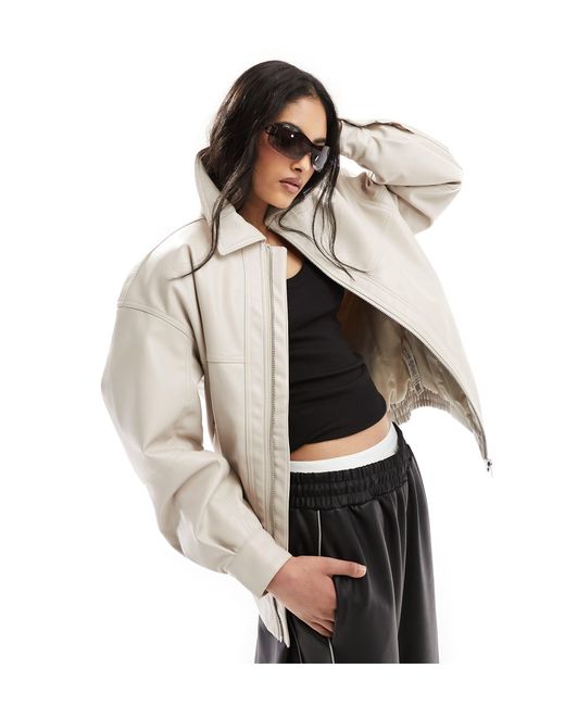 ASOS White Faux Leather Bomber Jacket With Collar