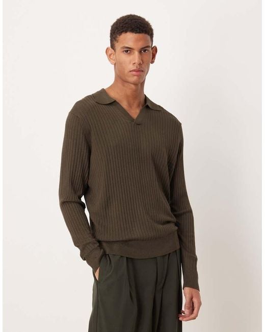 Mango Brown Long Sleeve Revere Collar Polo Shirt for men