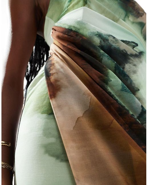 Robe bandeau mi-longue en tulle avec jupe drapée - imprimé marbré ton sur ton ASOS en coloris Green
