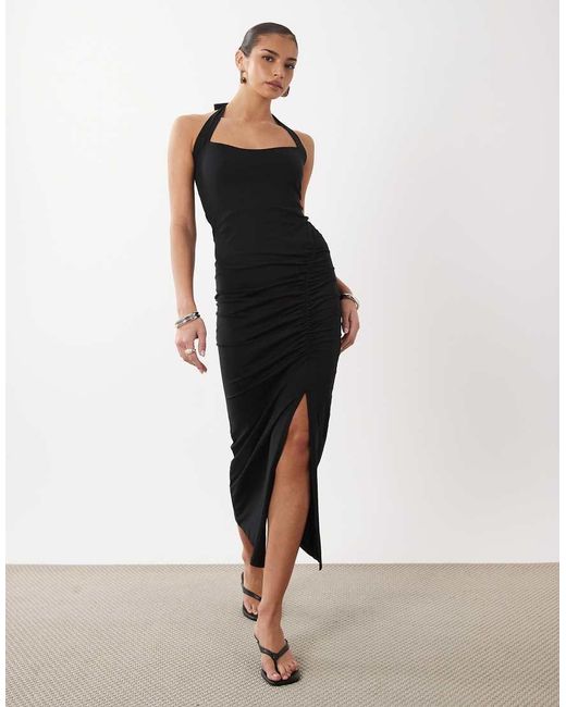 ASOS White Halter Ruched Front Midi Dress