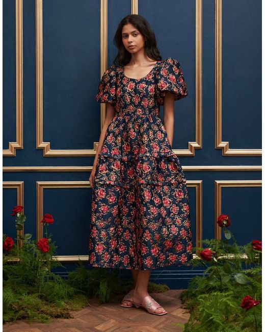 Sister Jane Blue Dream Puff Sleeve Jacquard Midaxi Dress