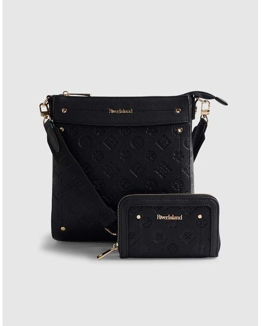River Island Black Monogram Messenger Bag Bundle