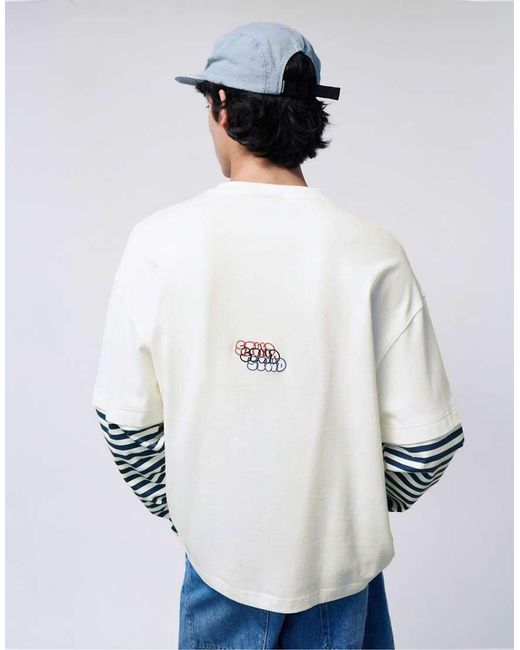 Pull&Bear White Stwd Double-sleeve Striped T-shirt for men