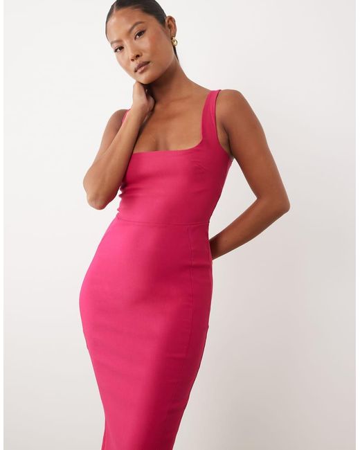 Vesper Pink Petite Bengaline Sleeveless Square Neck Fishtail Midi Dress