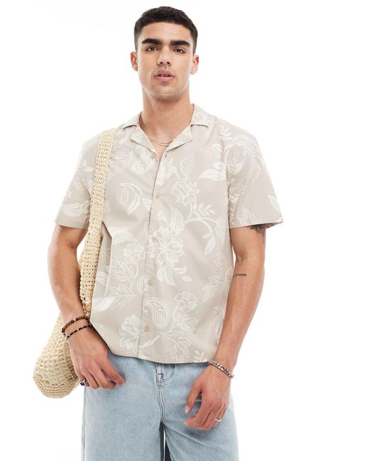 Hollister White Short Sleeve Revere Collar Floral Print Poplin Shirt Boxy Fit for men