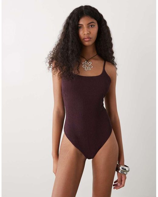 Monki Red Mix And Match Crinkle Scoop Neck High Leg Swimsuit