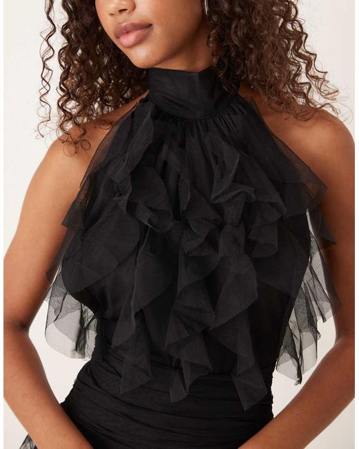 LACE & BEADS Natural Ruffle Halter Drop Hem Mini Dress