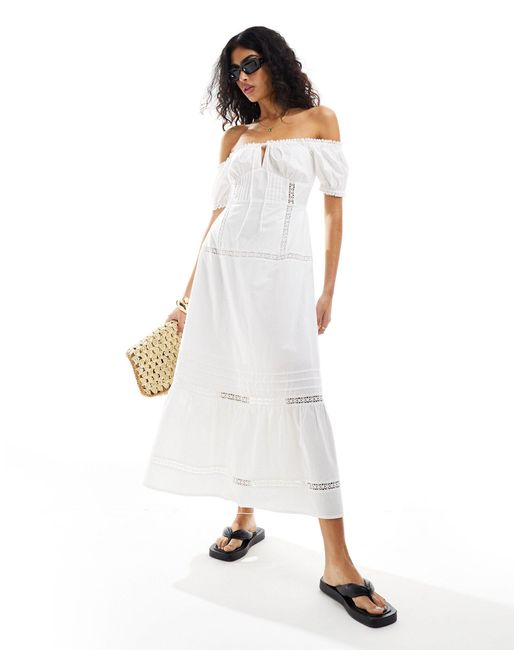 ASOS White Off Shoulder Midi Dress With Pintucks & Crochet Trims