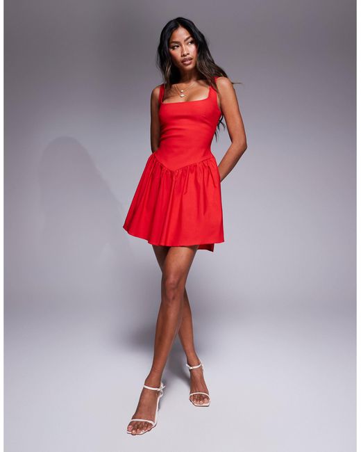 Vesper Bengaline Square Neck Skater Mini Dress in Red | Lyst