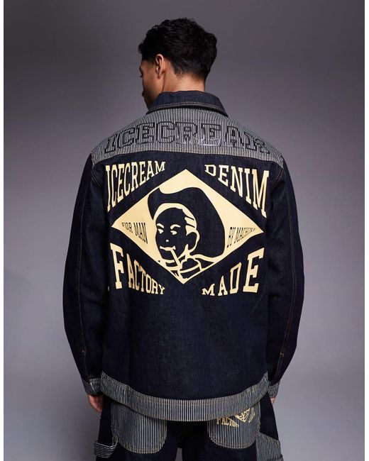 ICECREAM Blue Denim Trucker Jacket With Contrast Hickory Panel for men