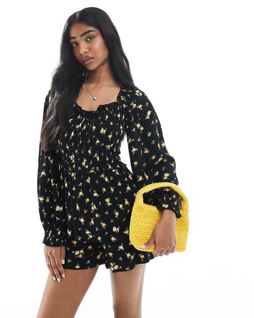 Miss Selfridge Black Long Sleeve Floral Playsuit