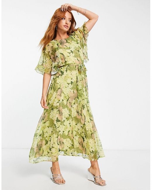 TOPSHOP Ruffle Belted Floral Occasion Midi Dress in Green | Lyst Canada