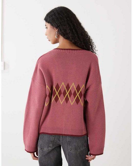 Reclaimed Vintage Red Cardigan With Placement Argyle
