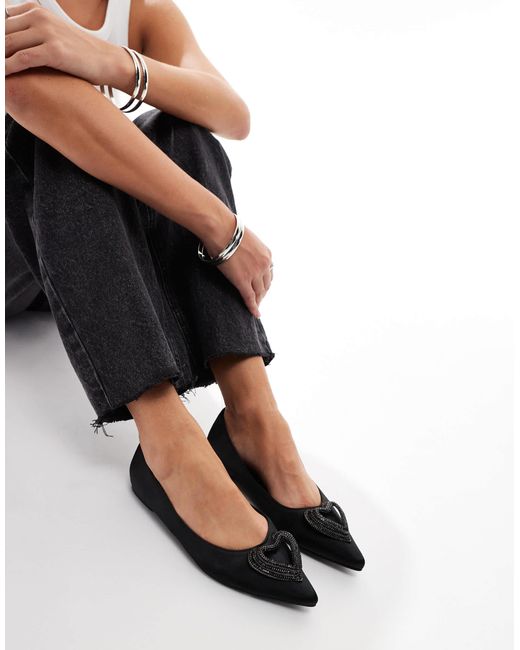 Public Desire Black Lilah Embellished Heart Pointed Ballet Flats