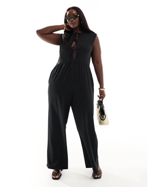 ASOS Black Asos Design Curve Tie Front Wide Leg Jumpsuit