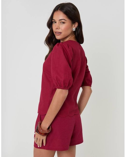 Threadbare Red Linen Blend Puff Sleeve Top