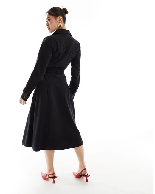 River Island Black Long Sleeve Button Front Denim Midi Dress