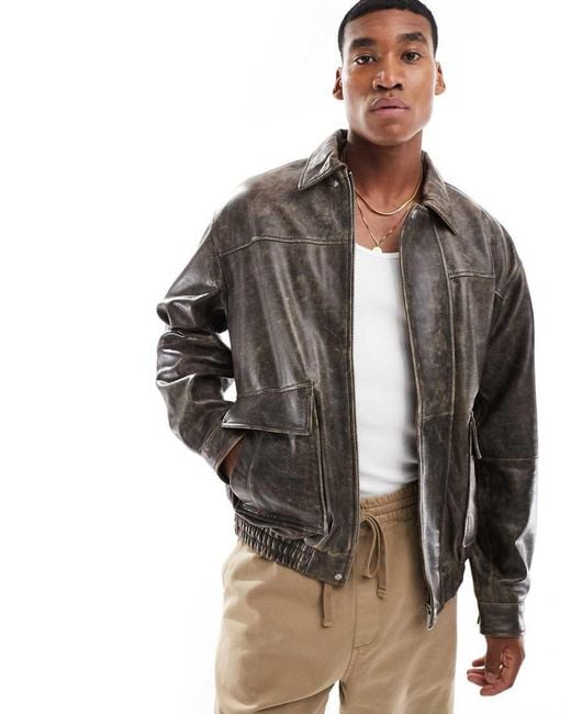 ASOS Black Premium Oversized Real Leather Washed Bomber Jacket for men