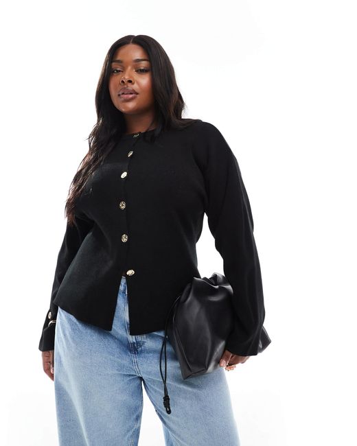 ASOS Blue Asos Design Curve Knitted Structured Crew Neck Cardigan With Gold Buttons