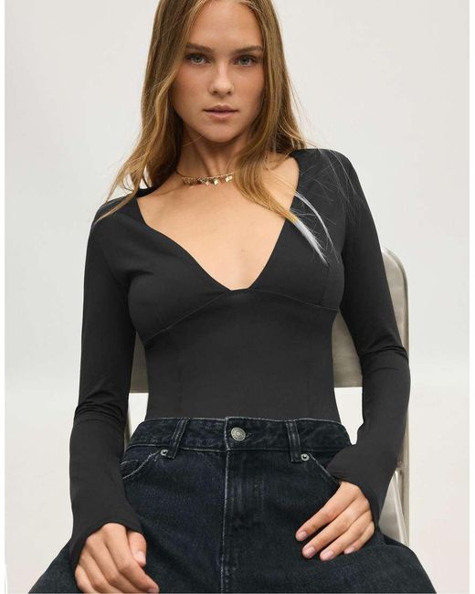 Stradivarius Black V-neck Bodysuit With Under-bust Gathering