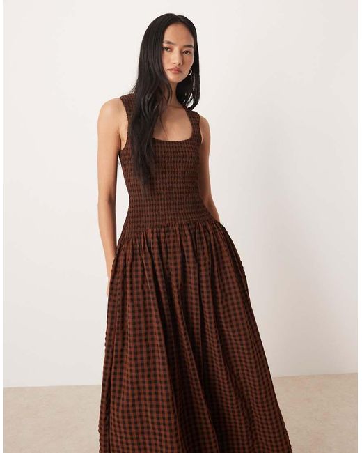 ASOS Brown Crinkle Scoop Neck Maxi Sundress With Shirred Waist