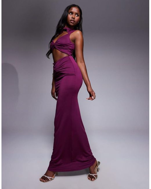 Aria Cove Purple Slinky Ruched High Neck Bodycon Maxi Dress