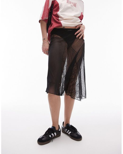 TOPSHOP Black Sheer Dobby Mesh Panelled 90s Length Skirt