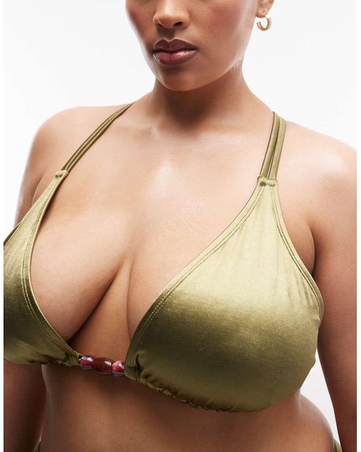 ASOS Green Asos Design Curve Keira High Shine High Apex Triangle Bikini Top With Strappy Back And Bead Detail