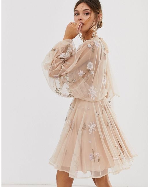 ASOS Floral Beaded Mesh Dress With Balloon Sleeve in Natural Lyst UK