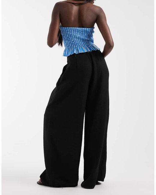 ASOS Blue Textured Wide Leg Trousers With Tie Waist