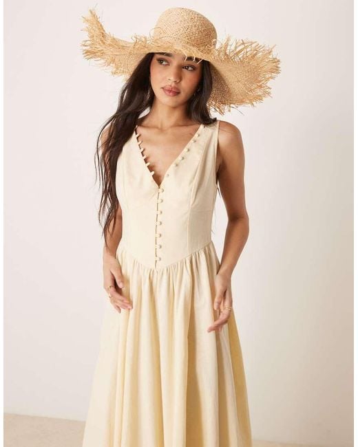 ASOS Natural V Neck Button Through Maxi Sundress With Dropped Waist