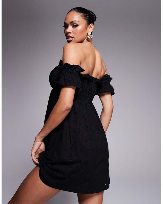 ASOS Black Broderie Frill Bardot Mini Dress