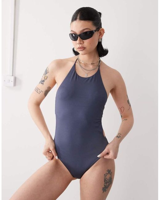 Weekday Blue Halter Neck Shiny Swimsuit With Open Back Tie Detail