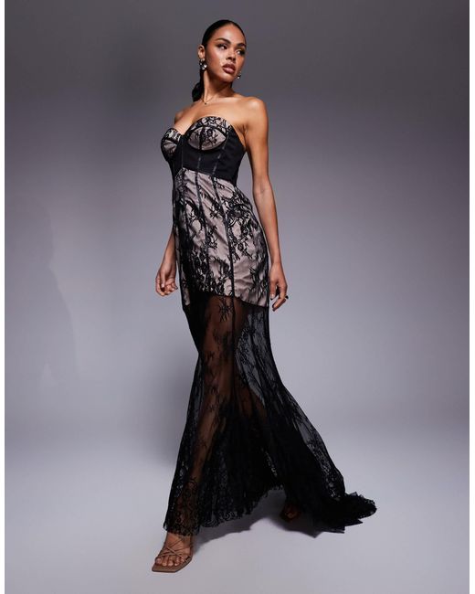 ASOS Blue Sculpted Boned Corset Detail Bandeau Lace Maxi Dress With Fishtail Hem And Contrast Lining