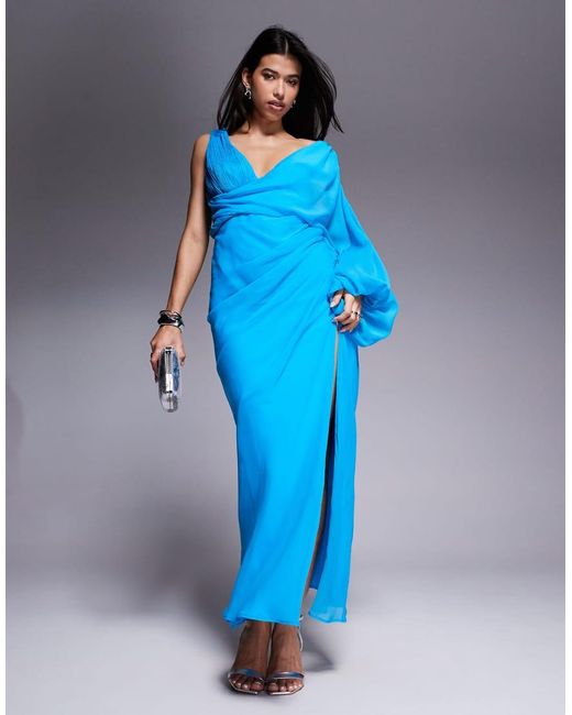 ASOS Blue Asymmetric Drape Overlay Maxi Dress With Blouson Sleeves