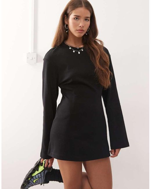 Monki Natural Cinched Waist Long Sleeve Mini T-shirt Dress