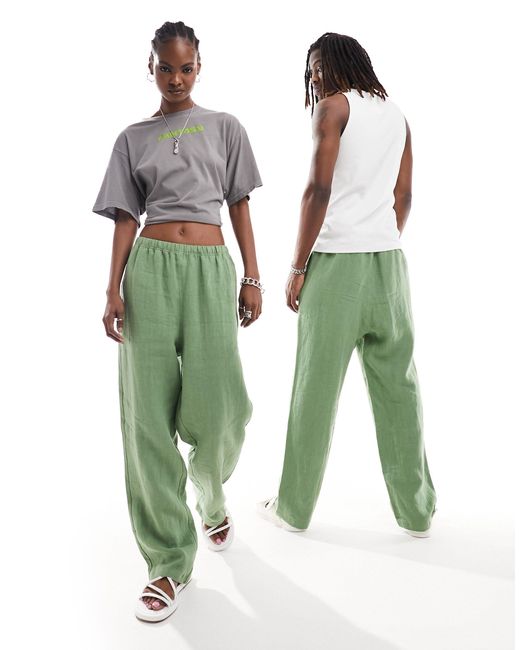 Weekday Green Unisex Seth Linen Trousers