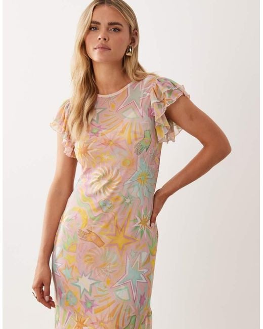 Never Fully Dressed Natural Petite Frida Mesh Frill Sleeve Maxi Dress