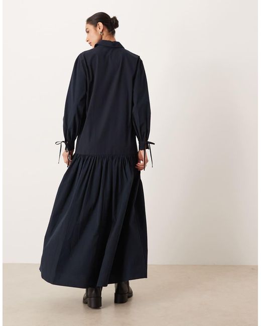 ASOS Blue Long Sleeved Tie Detail Maxi Shirt Dress