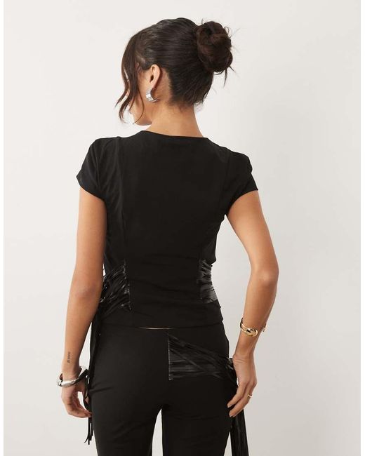 I.AM.GIA Black Iselda Sculpting Mesh Faux Leather Fringe Detail Zip Through Crop Top Co-Ord