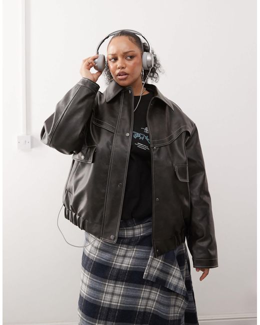 Collusion Black Curve Leather Look Bomber