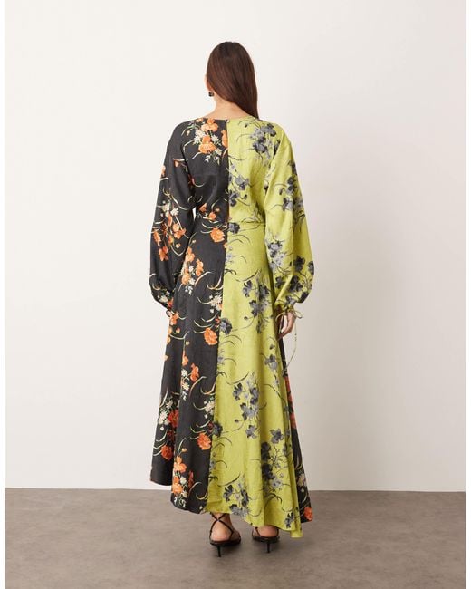 ARRANGE Multicolor Crinkle Satin Long Sleeve Maxi Dress With Trim