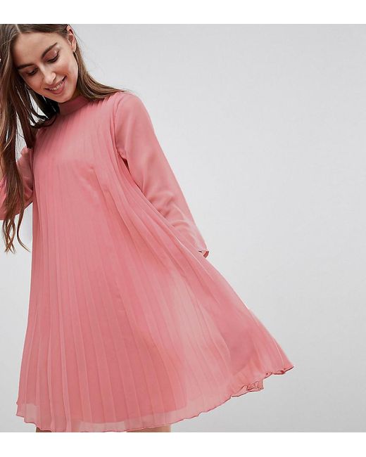 ASOS Green Pleated Trapeze Mini Dress With Long Sleeves