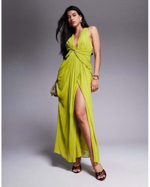 Vestito Lungo Avvolgente Con Scollo Profondo E Drappeggio Lime di ASOS in Yellow